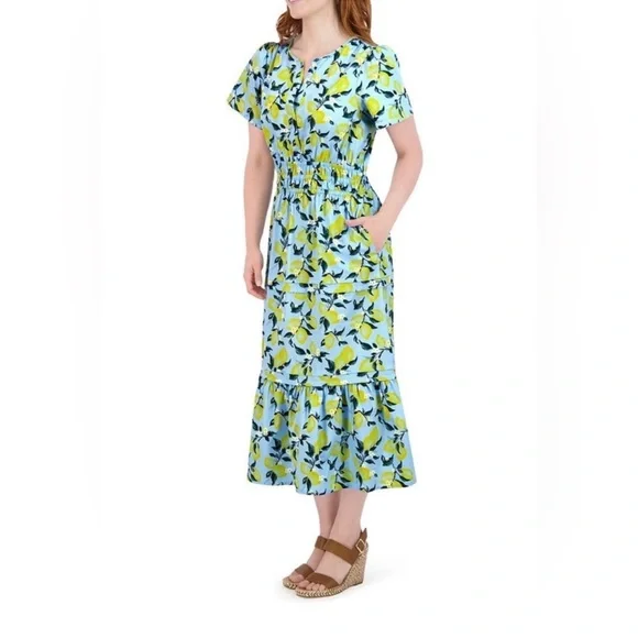 ❗️FINAL❗️NWT French Connection Blue and Yellow Lemon Midi Dress XL - Picture 4 of 14